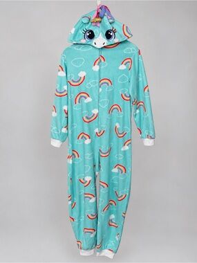 Cat & Jack Unicorn Hooded Fleece One Piece Pajamas Aqua Rainbow Girls L 10/12
